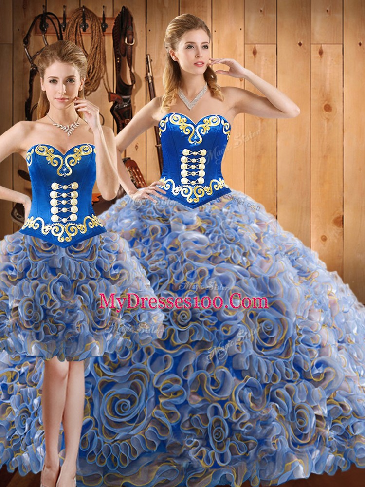 High End Multi-color Strapless Lace Up Embroidery Sweet 16 Quinceanera Dress Sweep Train Sleeveless