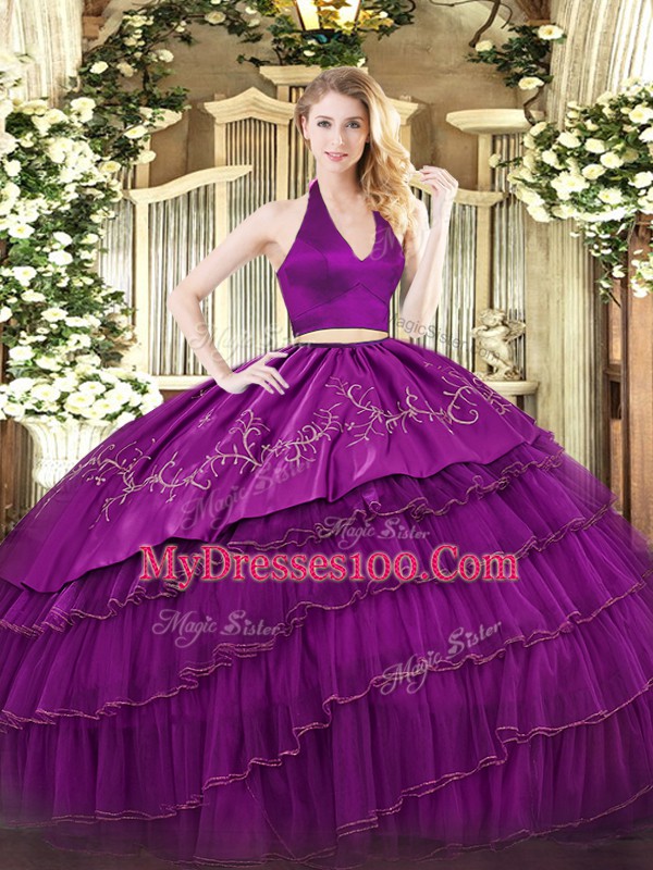 Dynamic Fuchsia Two Pieces Halter Top Sleeveless Organza and Taffeta Floor Length Zipper Embroidery and Ruffled Layers 15 Quinceanera Dress