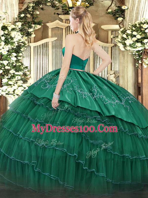 Dynamic Fuchsia Two Pieces Halter Top Sleeveless Organza and Taffeta Floor Length Zipper Embroidery and Ruffled Layers 15 Quinceanera Dress