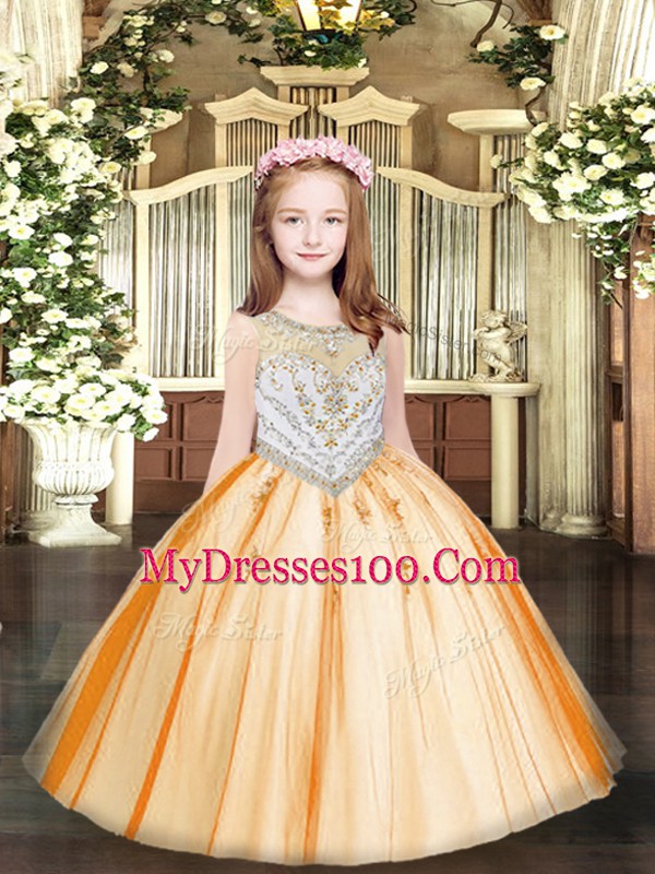 Glorious Scoop Sleeveless Zipper Glitz Pageant Dress Orange Tulle