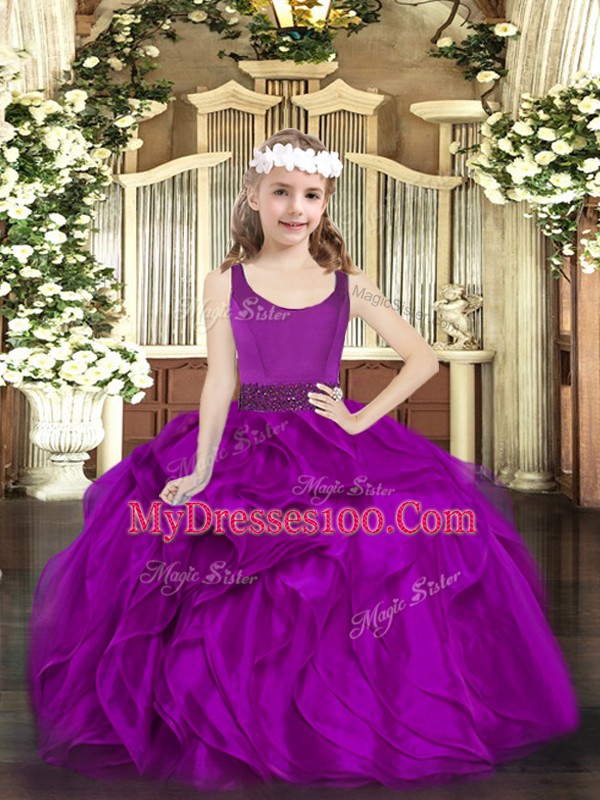 Fuchsia Sleeveless Organza Zipper Girls Pageant Dresses for Party and Quinceanera