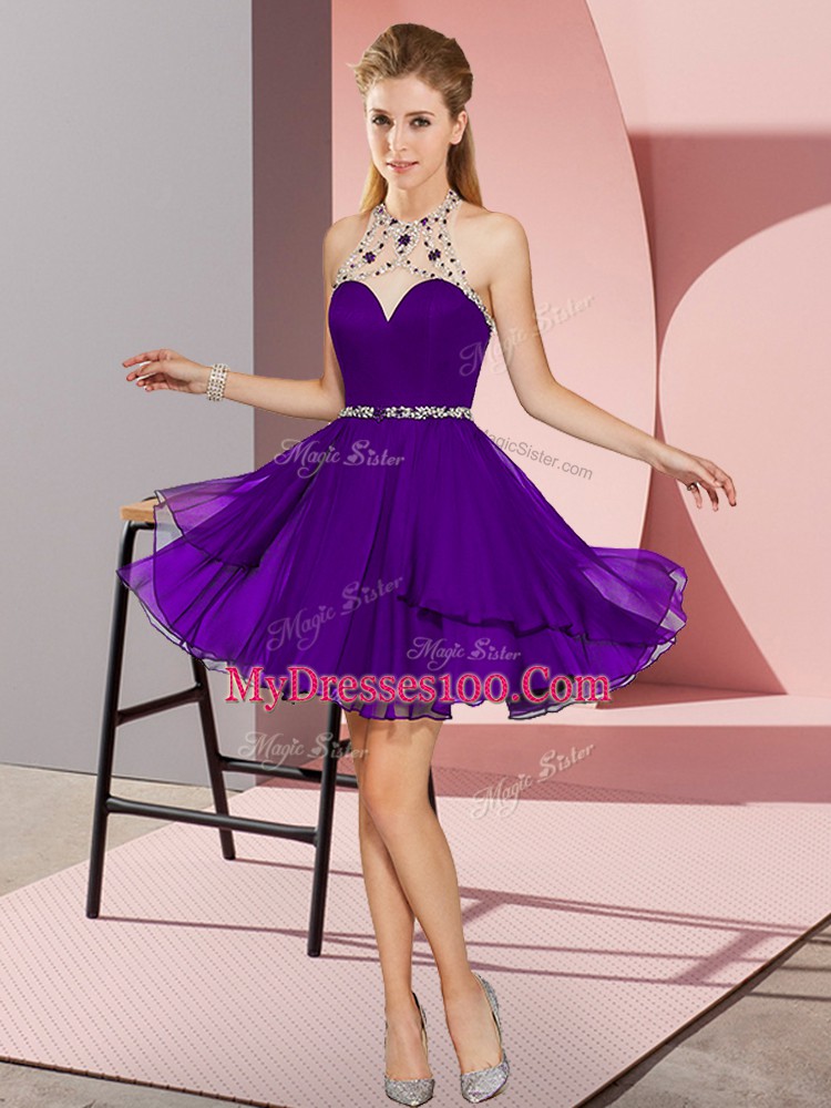 Flirting Empire Evening Dress Purple Halter Top Chiffon Sleeveless Mini Length Zipper