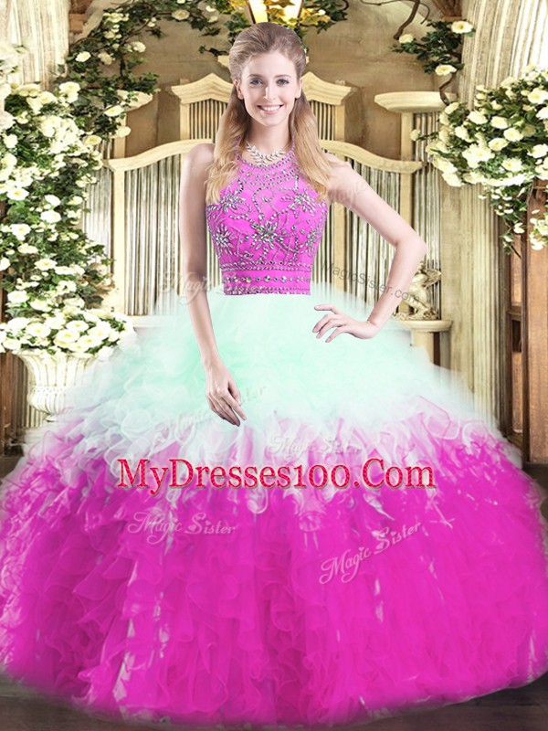 Stylish Multi-color Zipper Halter Top Beading and Ruffles Quinceanera Gowns Tulle Sleeveless