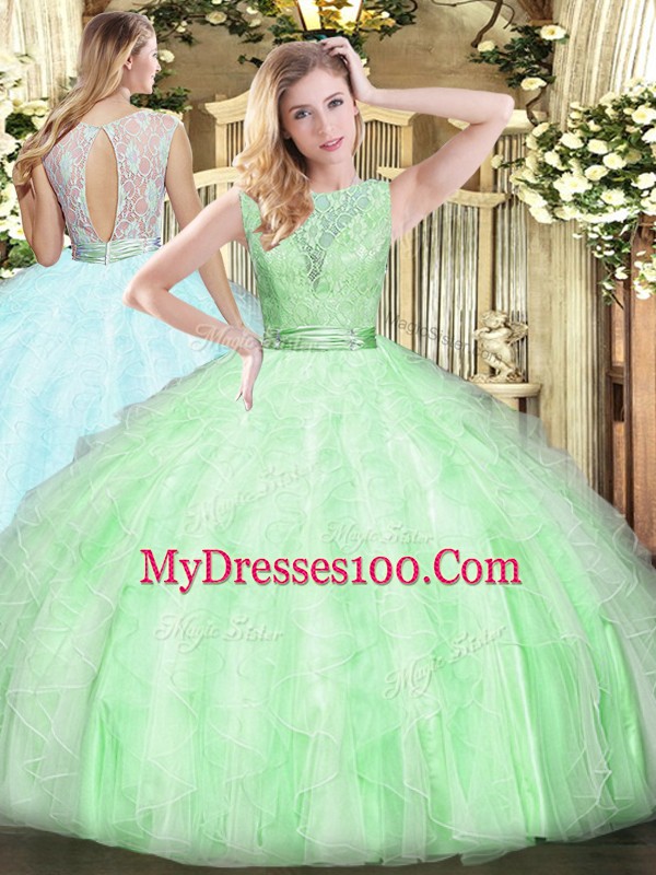 Flare Organza Scoop Sleeveless Backless Lace and Ruffles Sweet 16 Dress in Apple Green