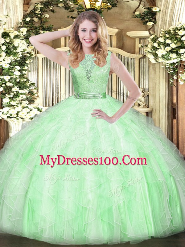 Flare Organza Scoop Sleeveless Backless Lace and Ruffles Sweet 16 Dress in Apple Green