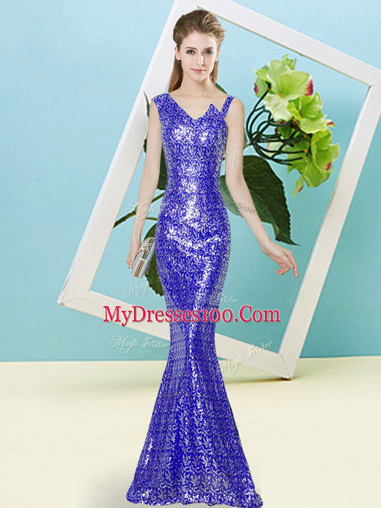 Eye-catching Floor Length Zipper Homecoming Dress Royal Blue for Prom and Party with Sequins