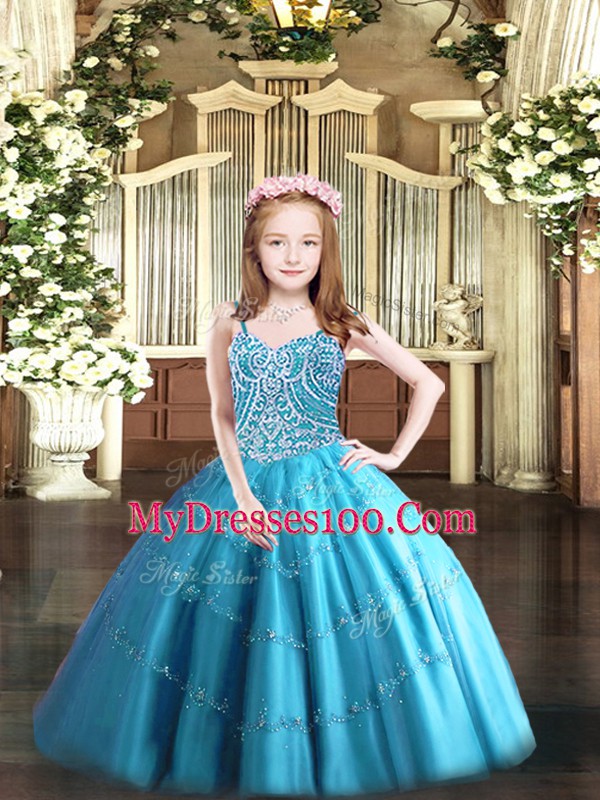 Exquisite Tulle Straps Sleeveless Lace Up Beading Girls Pageant Dresses in Baby Blue