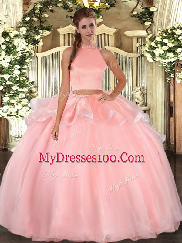 Suitable Pink Organza Backless Halter Top Sleeveless Floor Length 15th Birthday Dress Beading