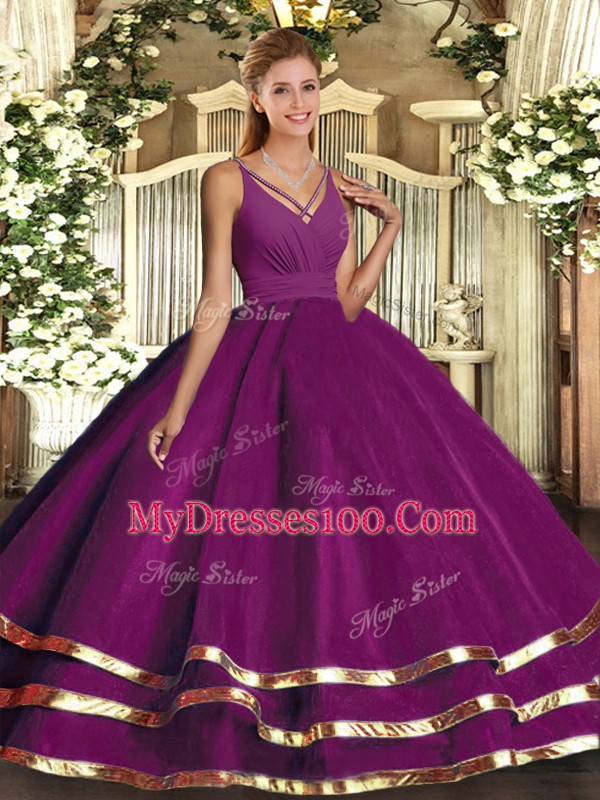 Ruching Vestidos de Quinceanera Purple Backless Sleeveless Floor Length