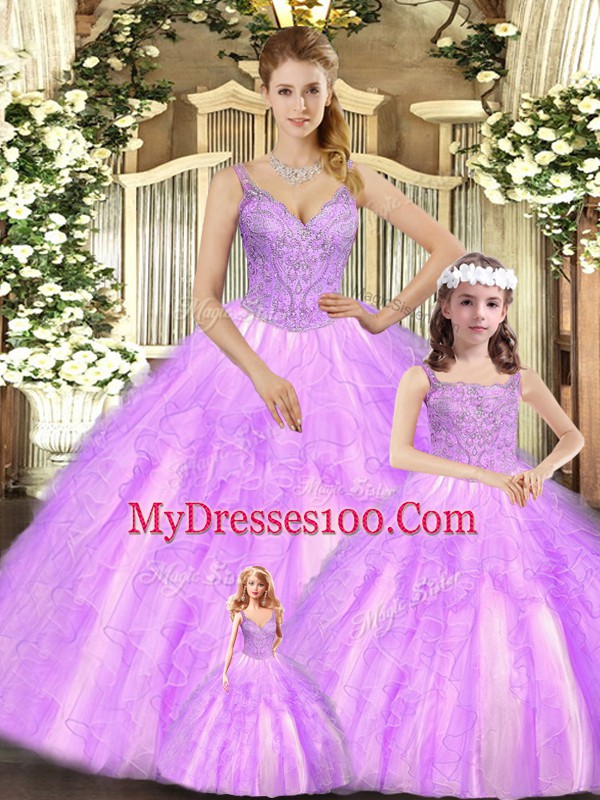 Lilac Sweet 16 Dresses Military Ball and Sweet 16 and Quinceanera with Beading and Ruffles Straps Sleeveless Lace Up