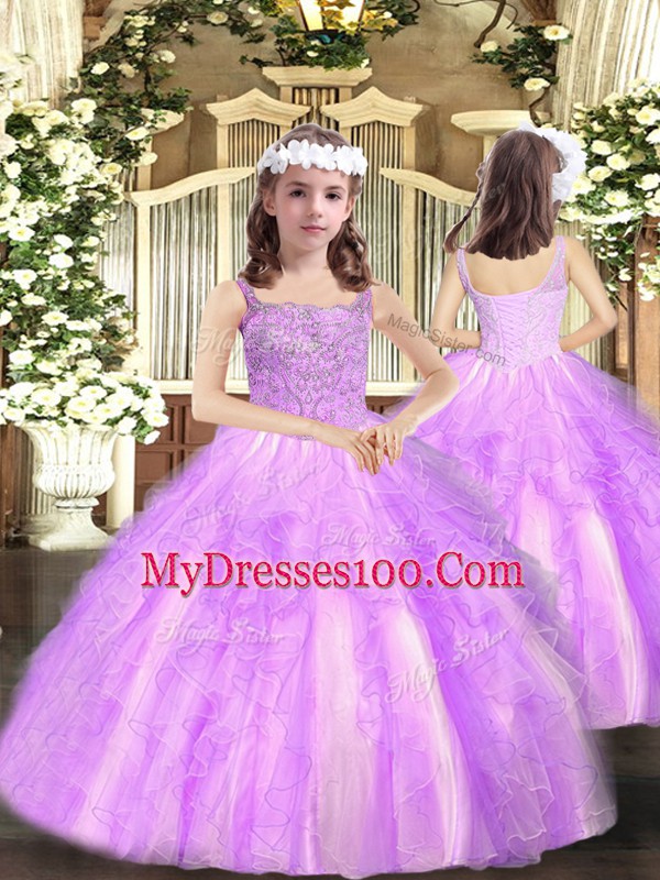 Lilac Sweet 16 Dresses Military Ball and Sweet 16 and Quinceanera with Beading and Ruffles Straps Sleeveless Lace Up