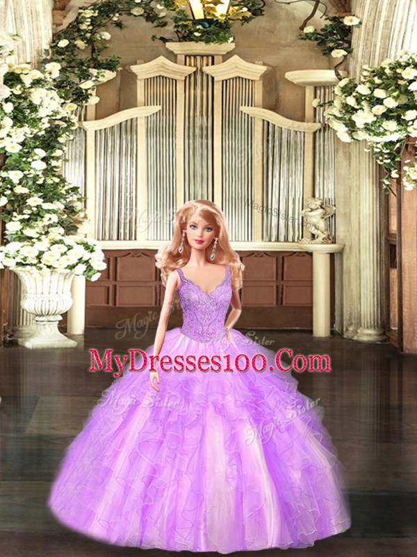 Lilac Sweet 16 Dresses Military Ball and Sweet 16 and Quinceanera with Beading and Ruffles Straps Sleeveless Lace Up
