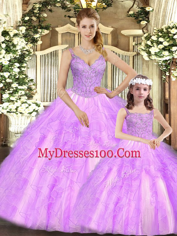 Lilac Sweet 16 Dresses Military Ball and Sweet 16 and Quinceanera with Beading and Ruffles Straps Sleeveless Lace Up