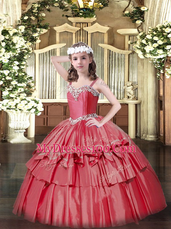 Floor Length Ball Gowns Sleeveless Coral Red Little Girls Pageant Dress Wholesale Lace Up