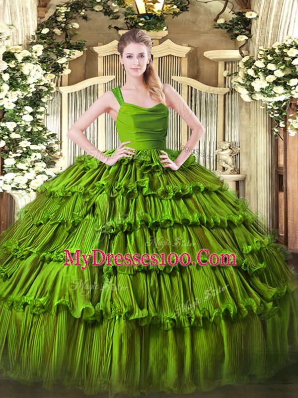 Dazzling Olive Green Ball Gowns Straps Sleeveless Organza Floor Length Zipper Ruffled Layers Quince Ball Gowns