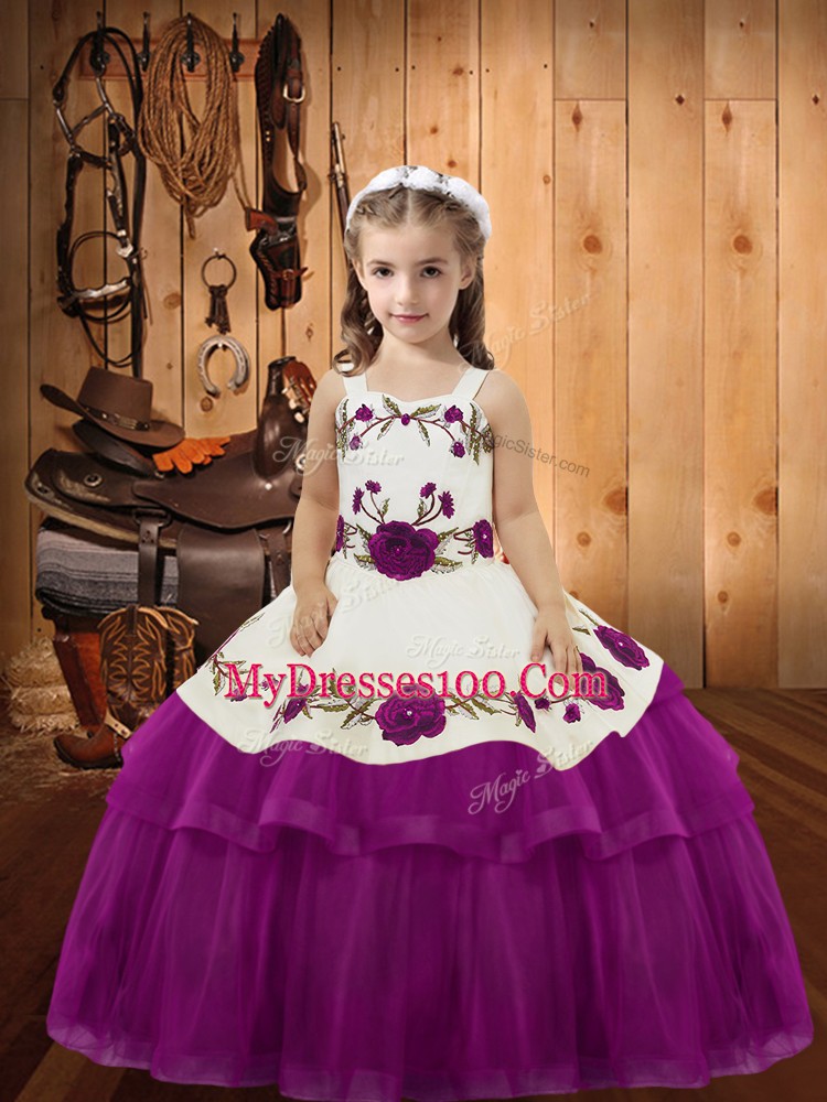 Great Straps Sleeveless Pageant Gowns Floor Length Embroidery and Ruffled Layers Fuchsia Organza