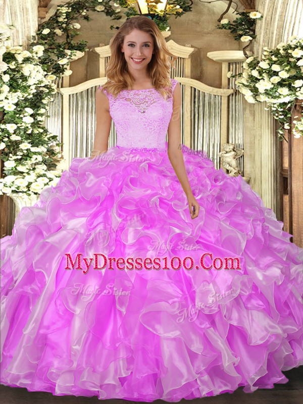 Floor Length Lilac Quinceanera Gown Organza Sleeveless Lace and Ruffles