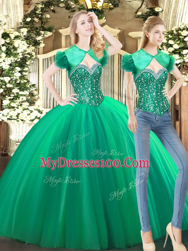 Green Ball Gowns Beading Quinceanera Dresses Lace Up Tulle Sleeveless Floor Length