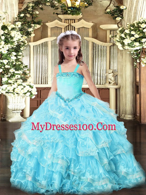 Straps Sleeveless Child Pageant Dress Floor Length Appliques and Ruffled Layers Light Blue Organza