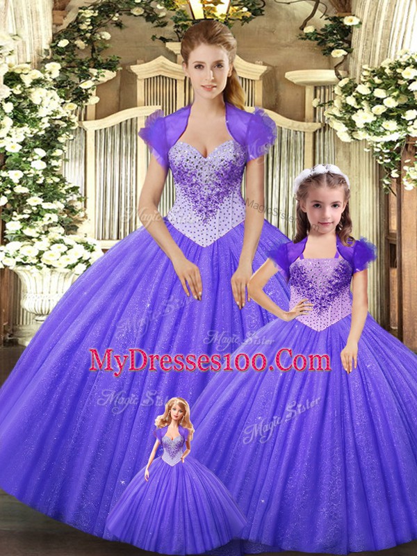 Glittering Straps Sleeveless Quinceanera Dress Floor Length Beading Purple Tulle