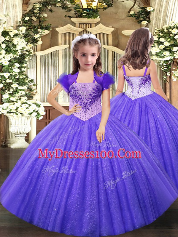 Glittering Straps Sleeveless Quinceanera Dress Floor Length Beading Purple Tulle