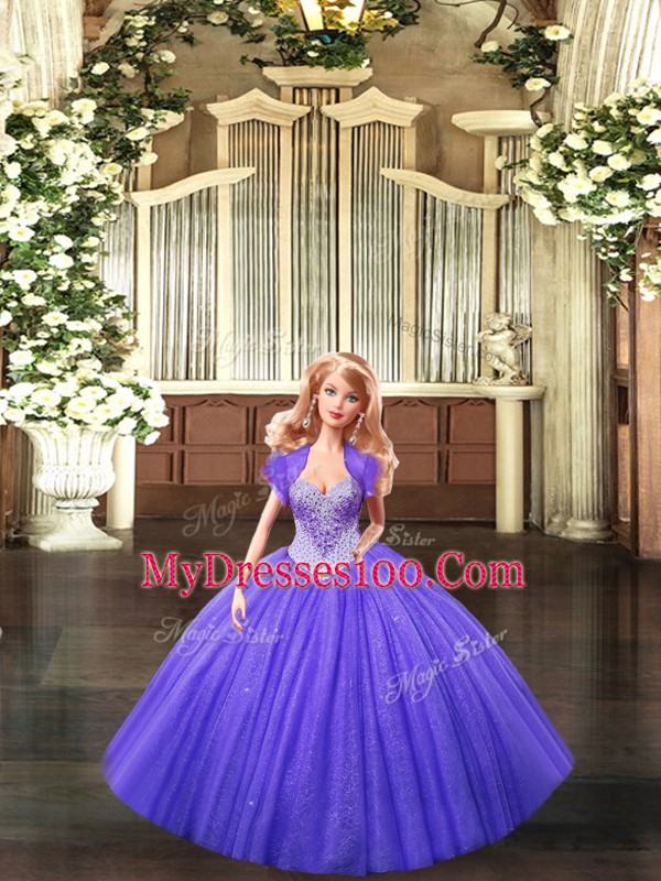 Glittering Straps Sleeveless Quinceanera Dress Floor Length Beading Purple Tulle