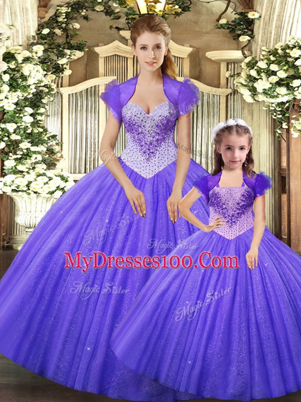 Glittering Straps Sleeveless Quinceanera Dress Floor Length Beading Purple Tulle