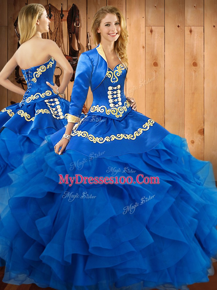 Trendy Blue Satin and Organza Lace Up Quinceanera Dress Sleeveless Floor Length Embroidery and Ruffles