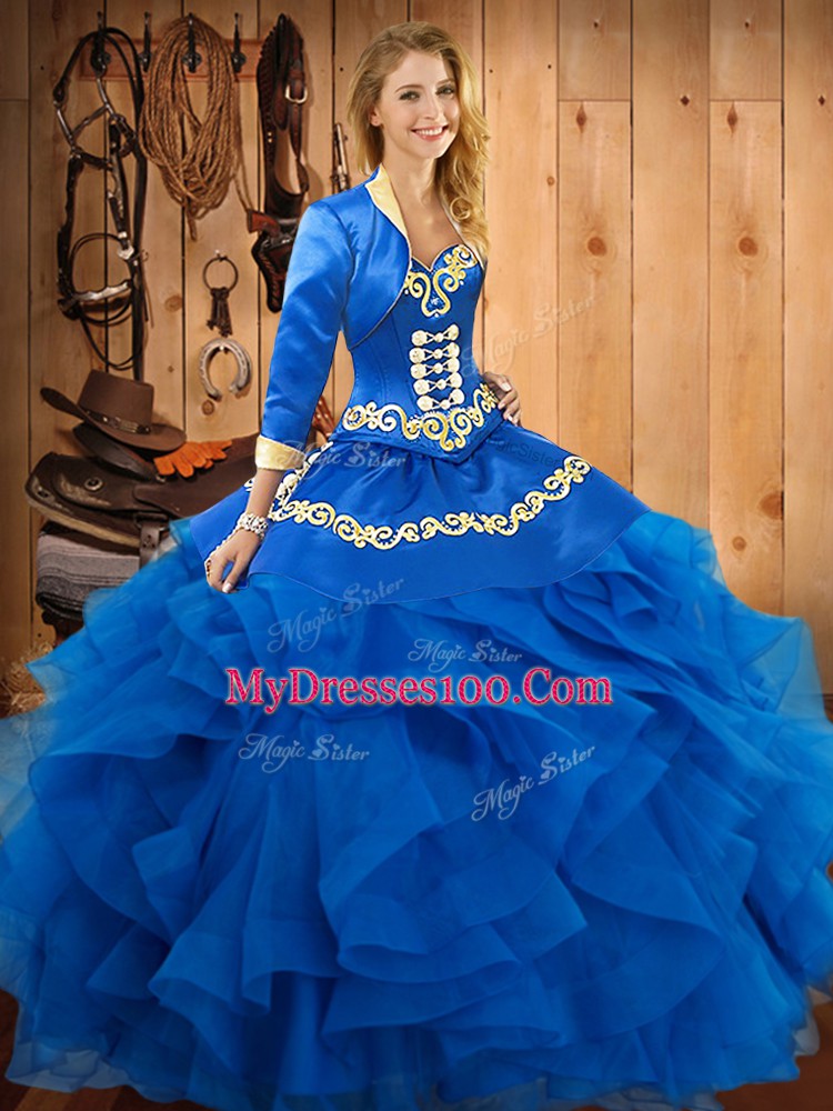Trendy Blue Satin and Organza Lace Up Quinceanera Dress Sleeveless Floor Length Embroidery and Ruffles