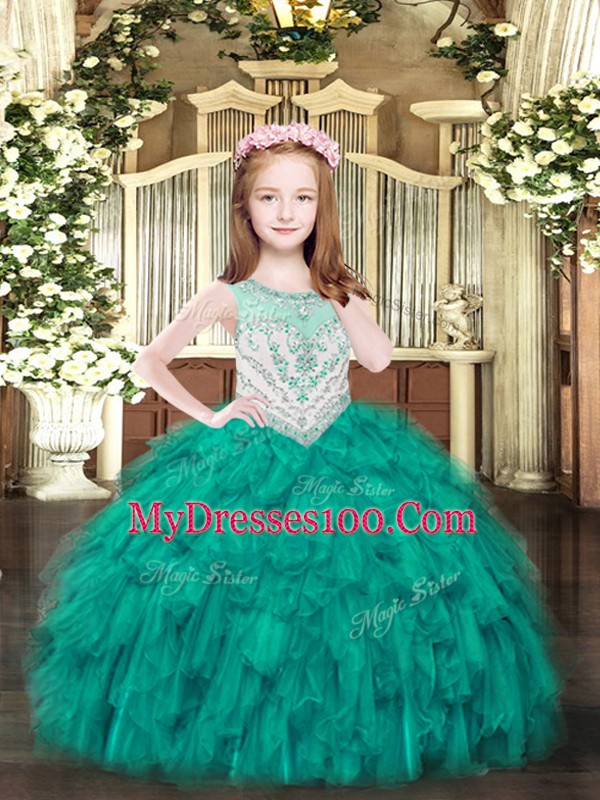 Trendy Floor Length Ball Gowns Sleeveless Turquoise Pageant Dress Toddler Zipper