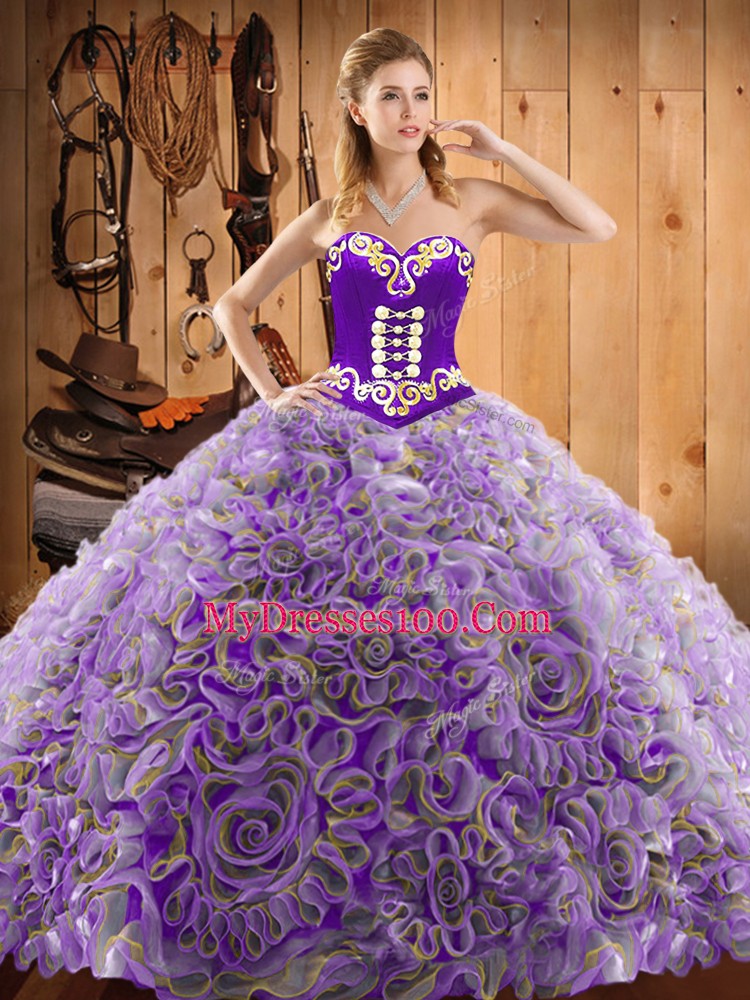 Multi-color Ball Gowns Satin and Fabric With Rolling Flowers Sweetheart Sleeveless Embroidery With Train Lace Up Ball Gown Prom Dress Sweep Train