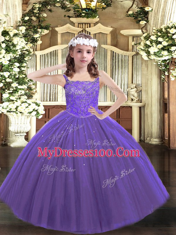 Simple Purple Pageant Dress for Womens Sweet 16 and Quinceanera and Wedding Party with Beading Straps Sleeveless Lace Up