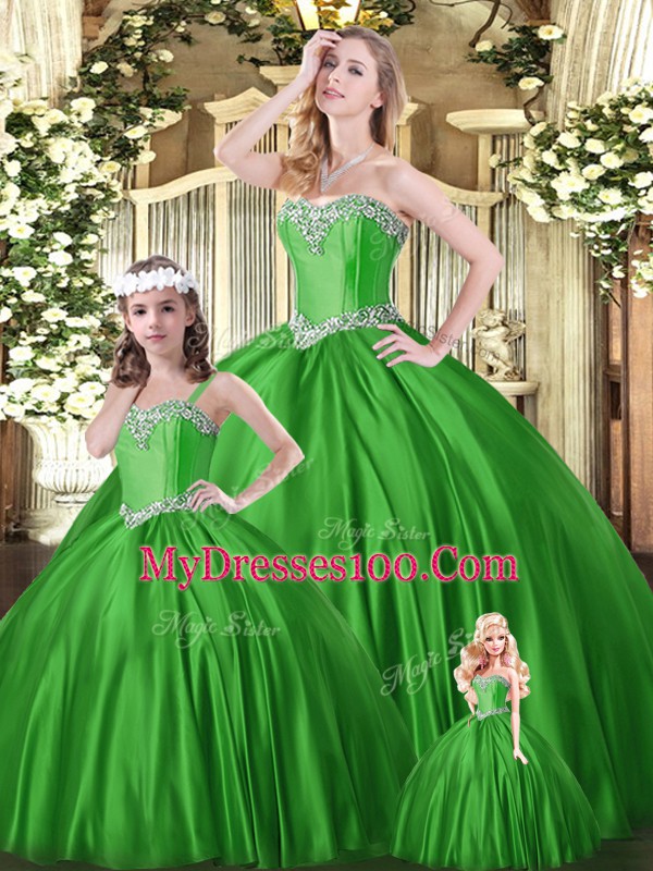 Green Ball Gowns Tulle Sweetheart Sleeveless Beading Floor Length Lace Up Quinceanera Gown