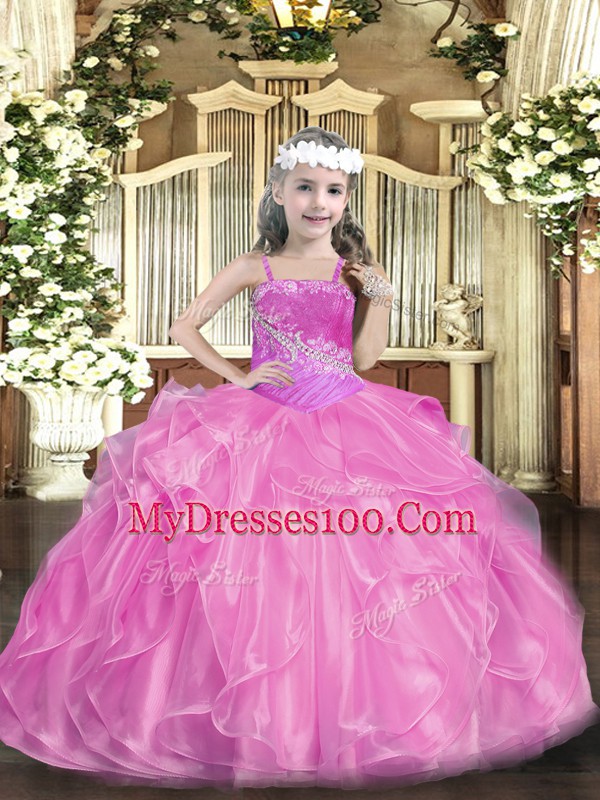 Floor Length Lace Up Kids Pageant Dress Rose Pink for Party and Sweet 16 and Quinceanera and Wedding Party with Beading