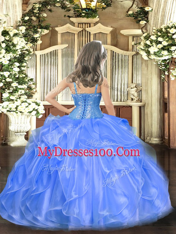 Floor Length Lace Up Kids Pageant Dress Rose Pink for Party and Sweet 16 and Quinceanera and Wedding Party with Beading