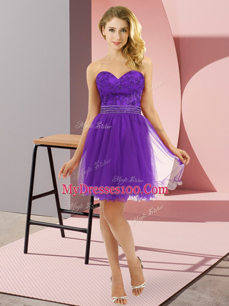 Purple Zipper Sweetheart Beading Cocktail Dress Tulle Sleeveless