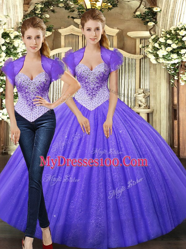 Chic Purple Ball Gowns Tulle Straps Sleeveless Beading Floor Length Lace Up Sweet 16 Dress
