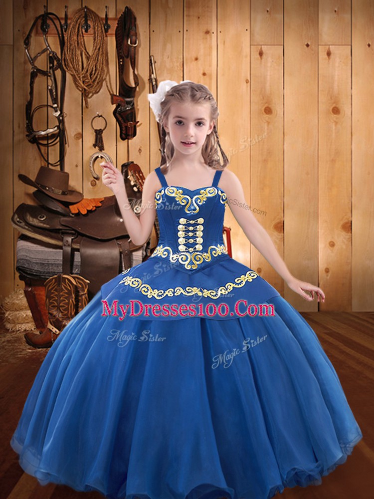 Organza Straps Sleeveless Lace Up Beading and Embroidery and Ruffles Little Girls Pageant Dress Wholesale in Blue