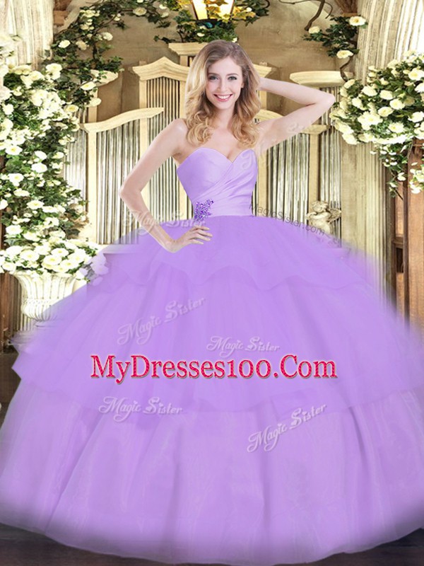 Spectacular Lavender Sweetheart Lace Up Beading and Ruffled Layers Quinceanera Dress Sleeveless