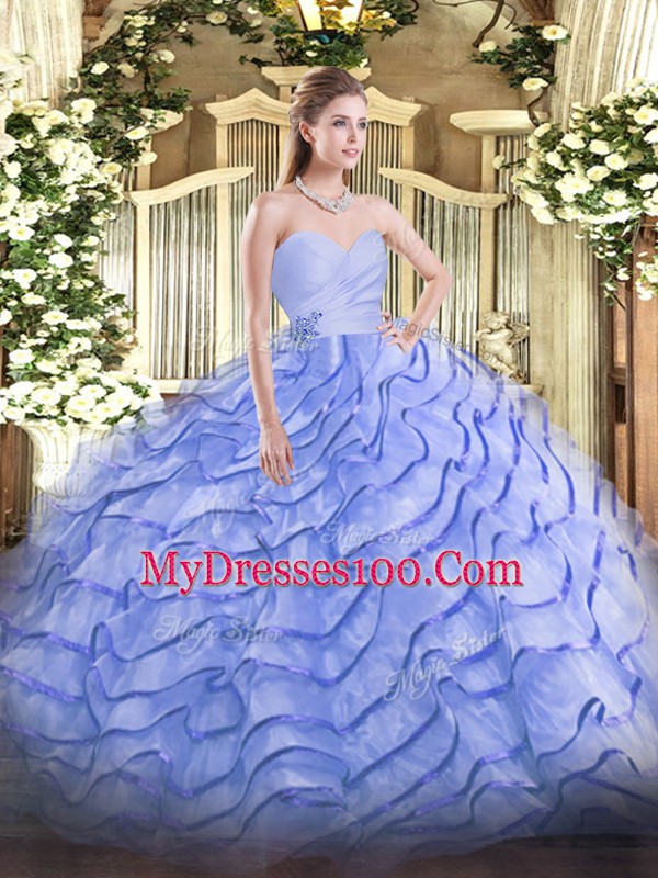 Shining Sleeveless Beading and Ruffled Layers Lace Up Sweet 16 Dresses with Blue Brush Train