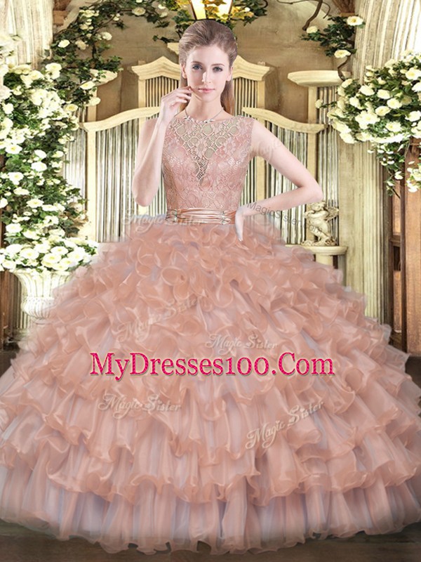 Sleeveless Tulle Floor Length Backless Quinceanera Dresses in Peach with Beading and Ruffled Layers
