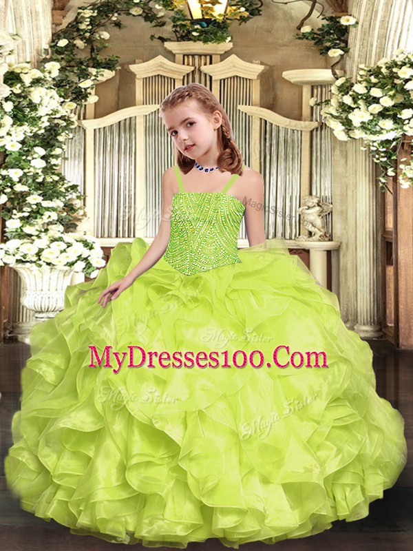 Custom Fit Yellow Green Sleeveless Floor Length Beading and Ruffles Lace Up Little Girls Pageant Gowns