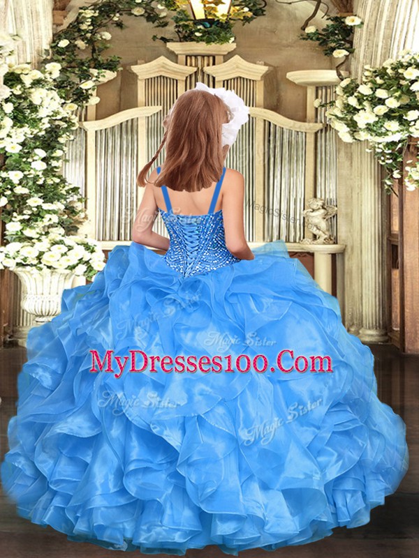 Custom Fit Yellow Green Sleeveless Floor Length Beading and Ruffles Lace Up Little Girls Pageant Gowns