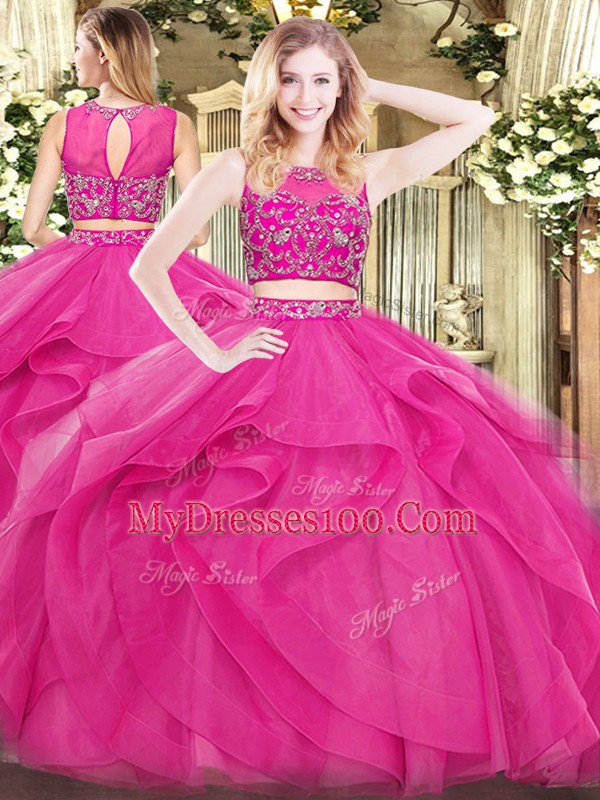 Floor Length Hot Pink Vestidos de Quinceanera Scoop Sleeveless Zipper
