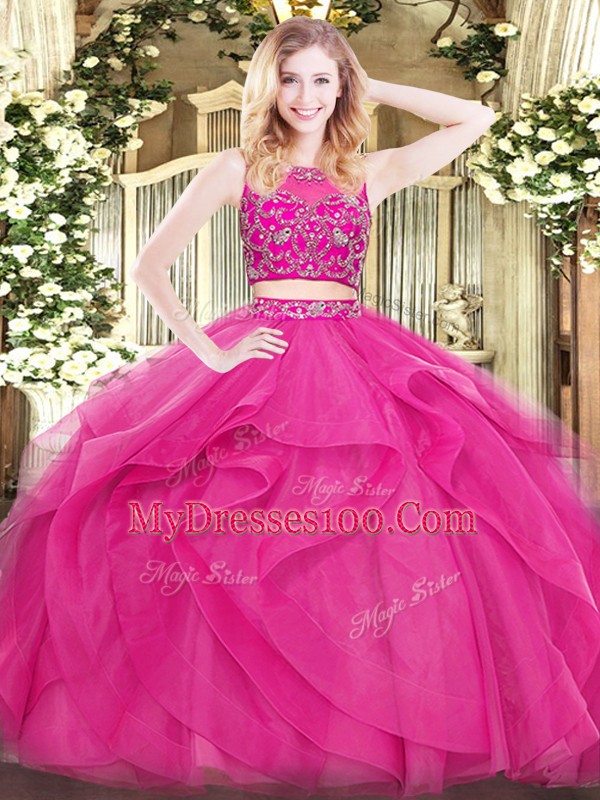 Floor Length Hot Pink Vestidos de Quinceanera Scoop Sleeveless Zipper