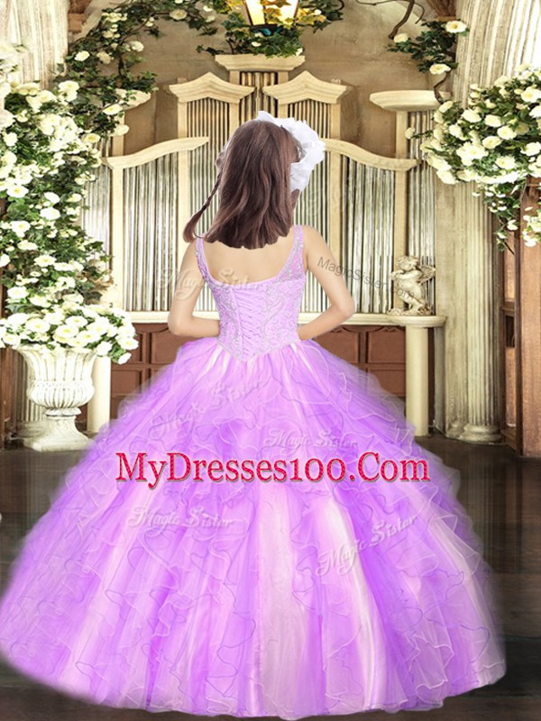Ball Gowns Child Pageant Dress Lavender Straps Tulle Sleeveless Floor Length Lace Up