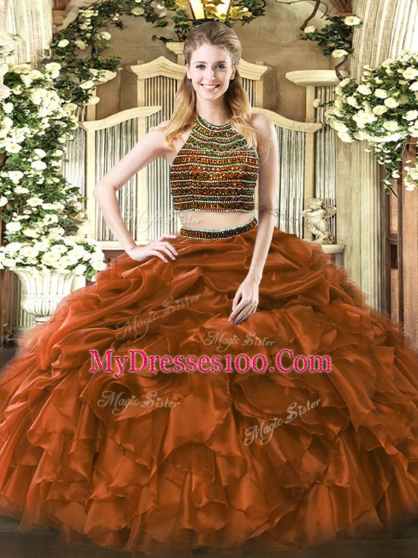 Pretty Floor Length Brown Sweet 16 Dresses Halter Top Sleeveless Zipper