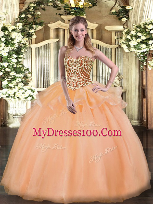 Designer Sleeveless Tulle Floor Length Lace Up Quinceanera Dresses in Peach with Beading and Ruffles