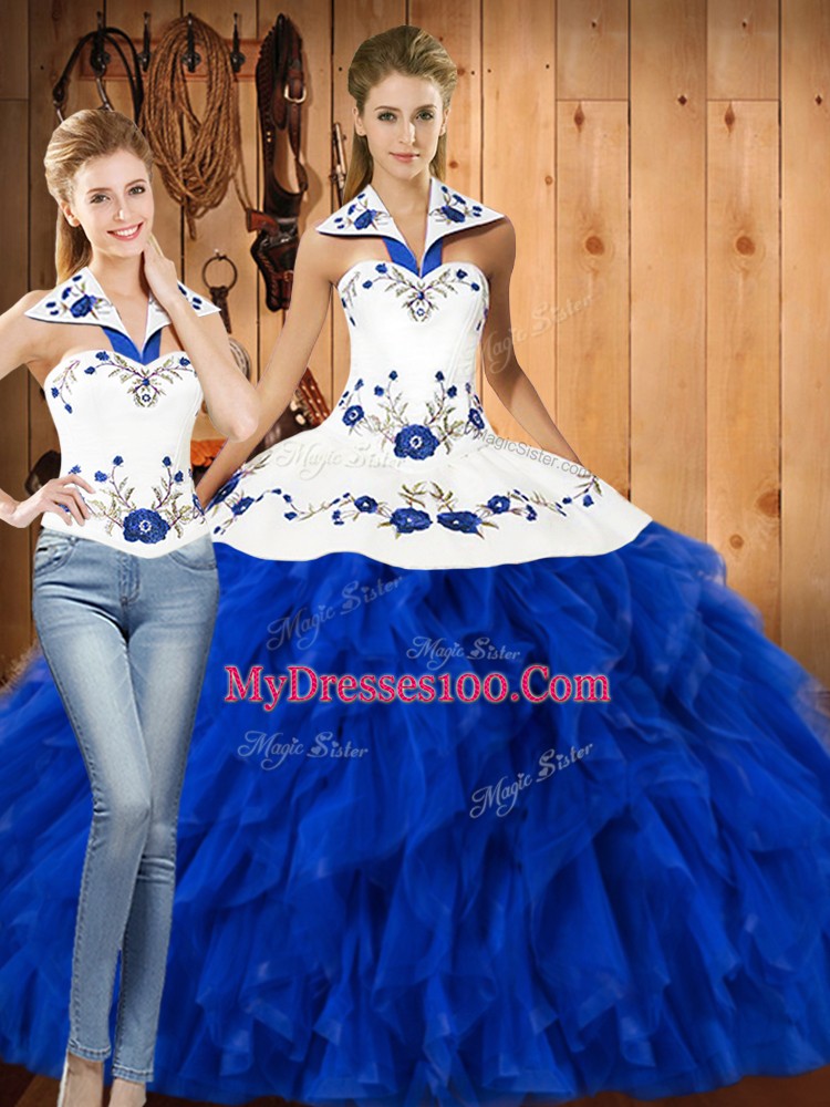 High Class Blue And White Lace Up Halter Top Embroidery and Ruffles Ball Gown Prom Dress Satin and Organza Sleeveless