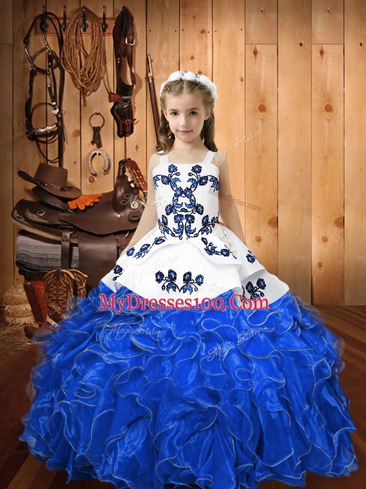 Inexpensive Sleeveless Organza Floor Length Lace Up Little Girls Pageant Gowns in Blue with Embroidery and Ruffles